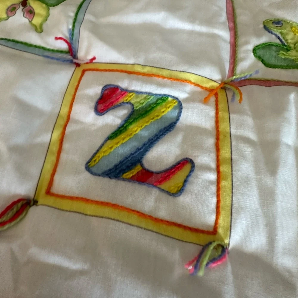 Vintage Handmade ABC Baby Blanket Top Embroidered Wall Hanging Ruffle Hem Decor